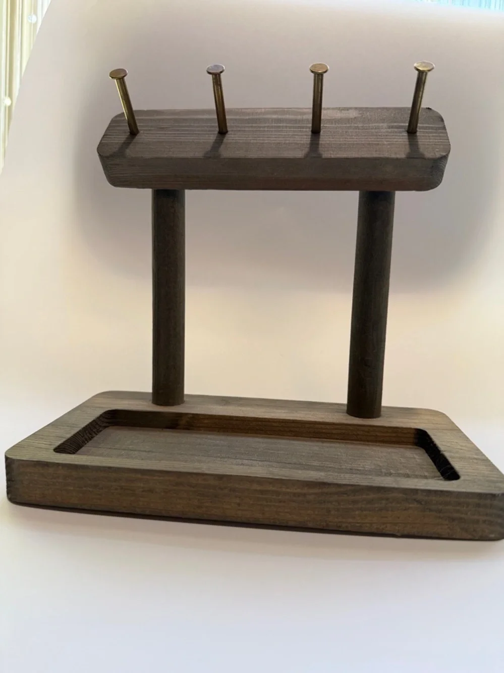 Wooden Key Organizer Stand in Dark Brown with Brass Hooks